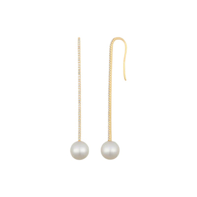 Diamond Bar Pearl Drop Earrings