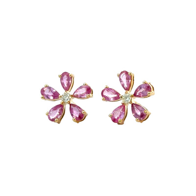 Pink Sapphire and Diamond Flower Studs