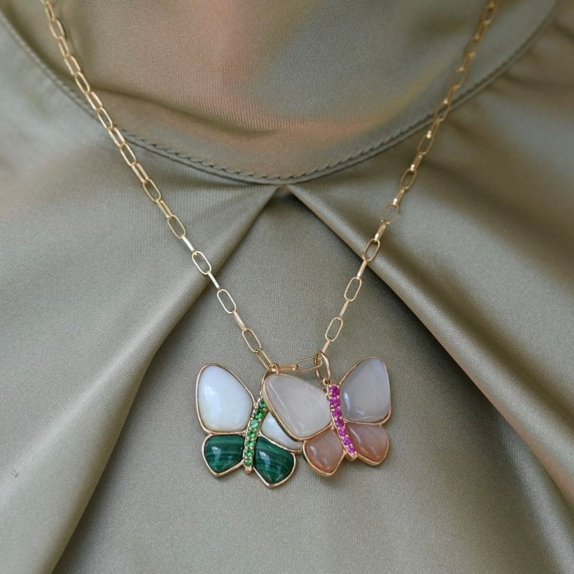 Mother of Pearl, Morganite and Pink Sapphire Butterfly Pendant