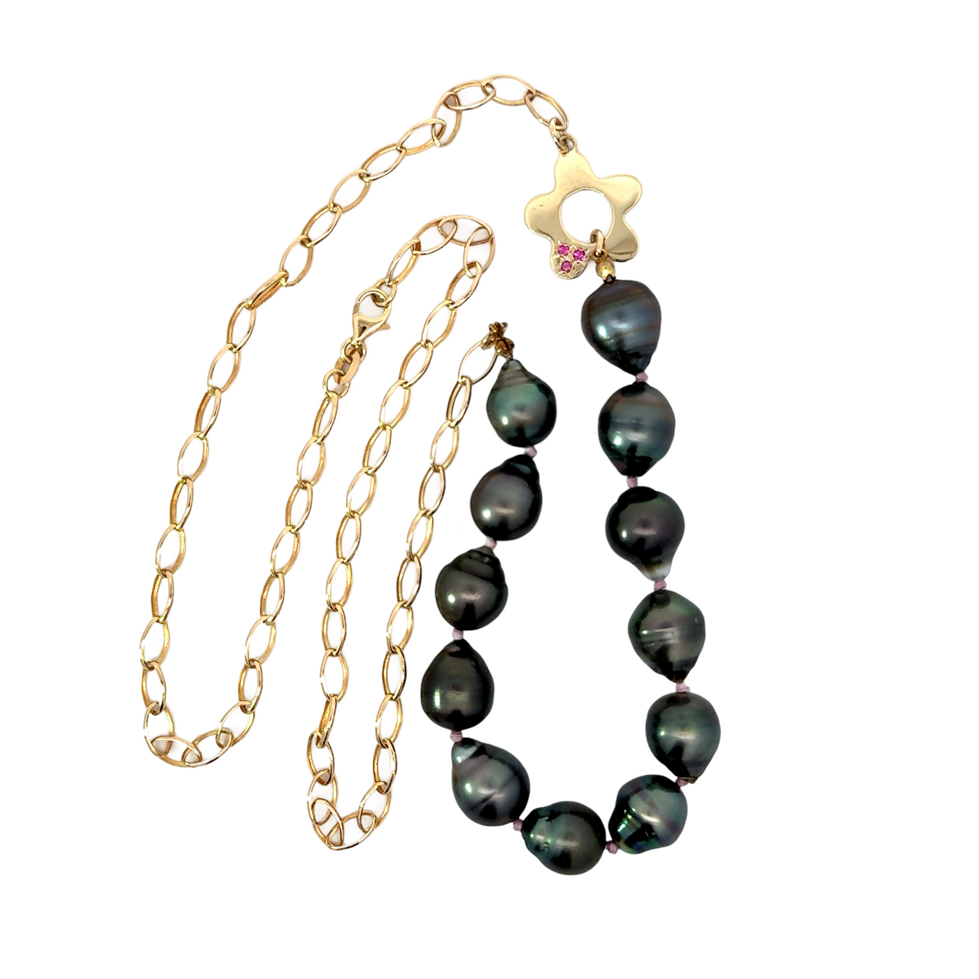 Gray Pearl and Gold Oval Chain Necklace