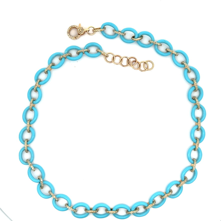 Oval Turquoise and Diamond Segment Necklace with Diamond Clasp