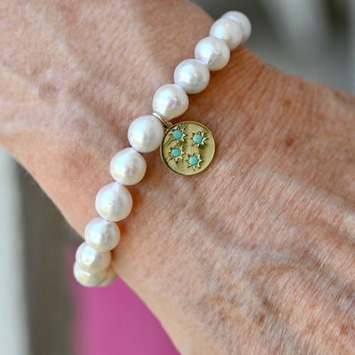 Pearl Bracelet with Turquoise Starburst Charm