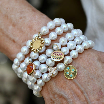 Pearl Bracelet with Beaded Round Dog Tag