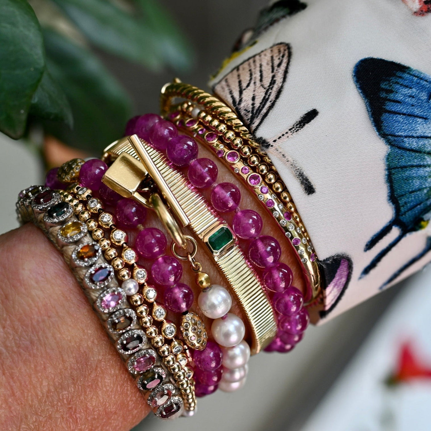 Natural Pink Sapphire & Diamond Bead Bracelet