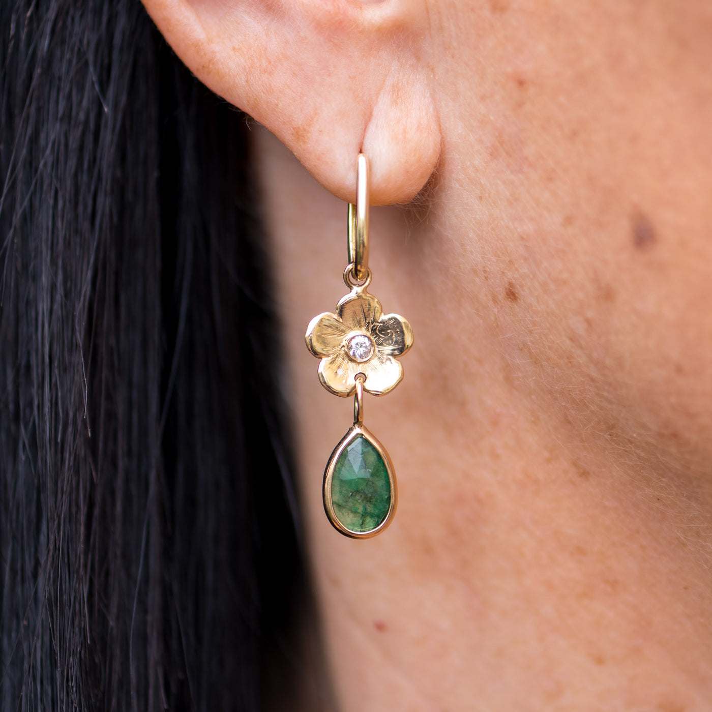 Petunia Diamond and Emerald Drop Earrings