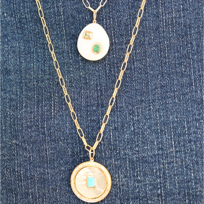 Mother of Pearl, Turquoise and Diamond Disk Charm