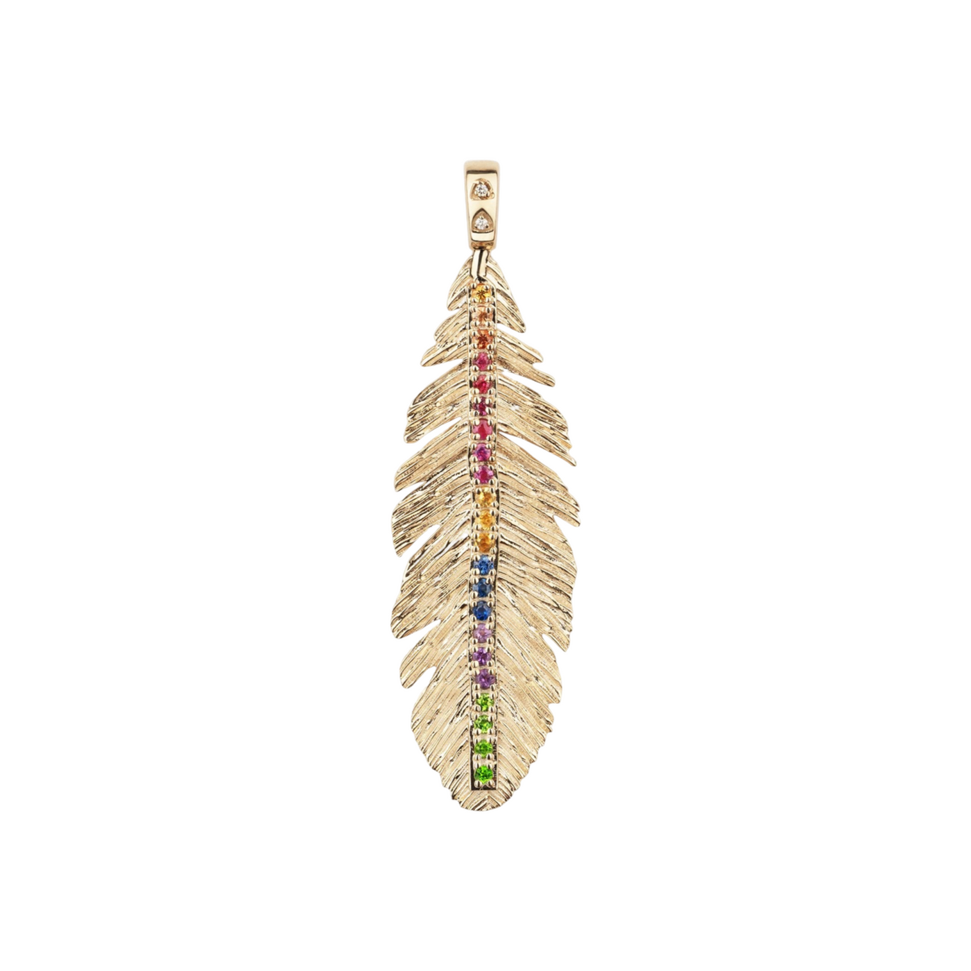 Gold Feather with Rainbow Gemstones