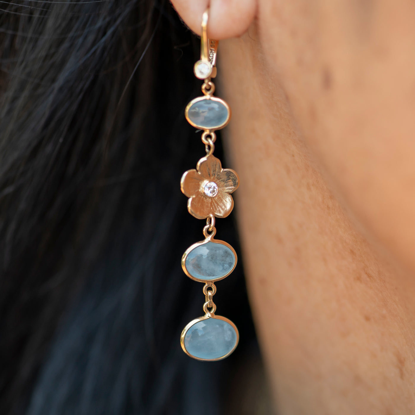 Aquamarine and Petunia Diamond Drop Earrings