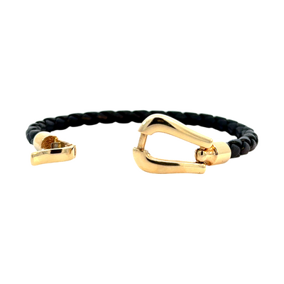 Black Leather and Gold Horsebit Clasp Bracelet