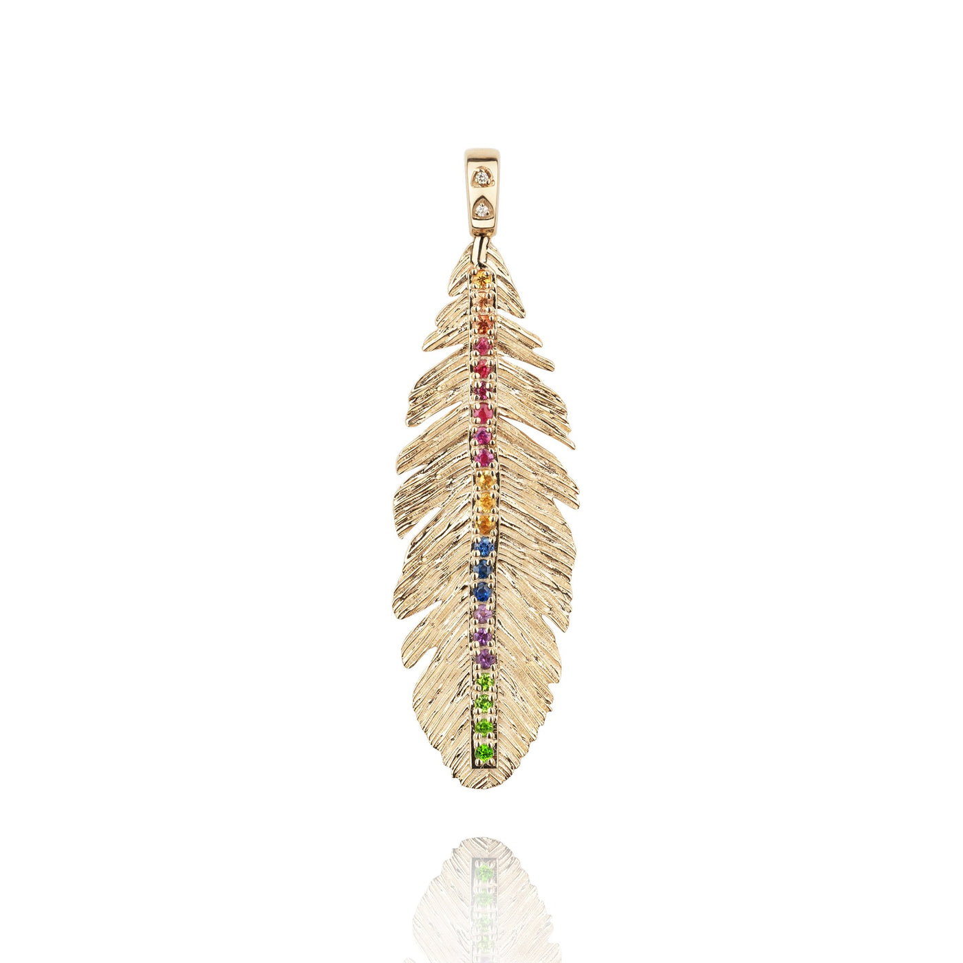 Gold Feather with Rainbow Gemstones