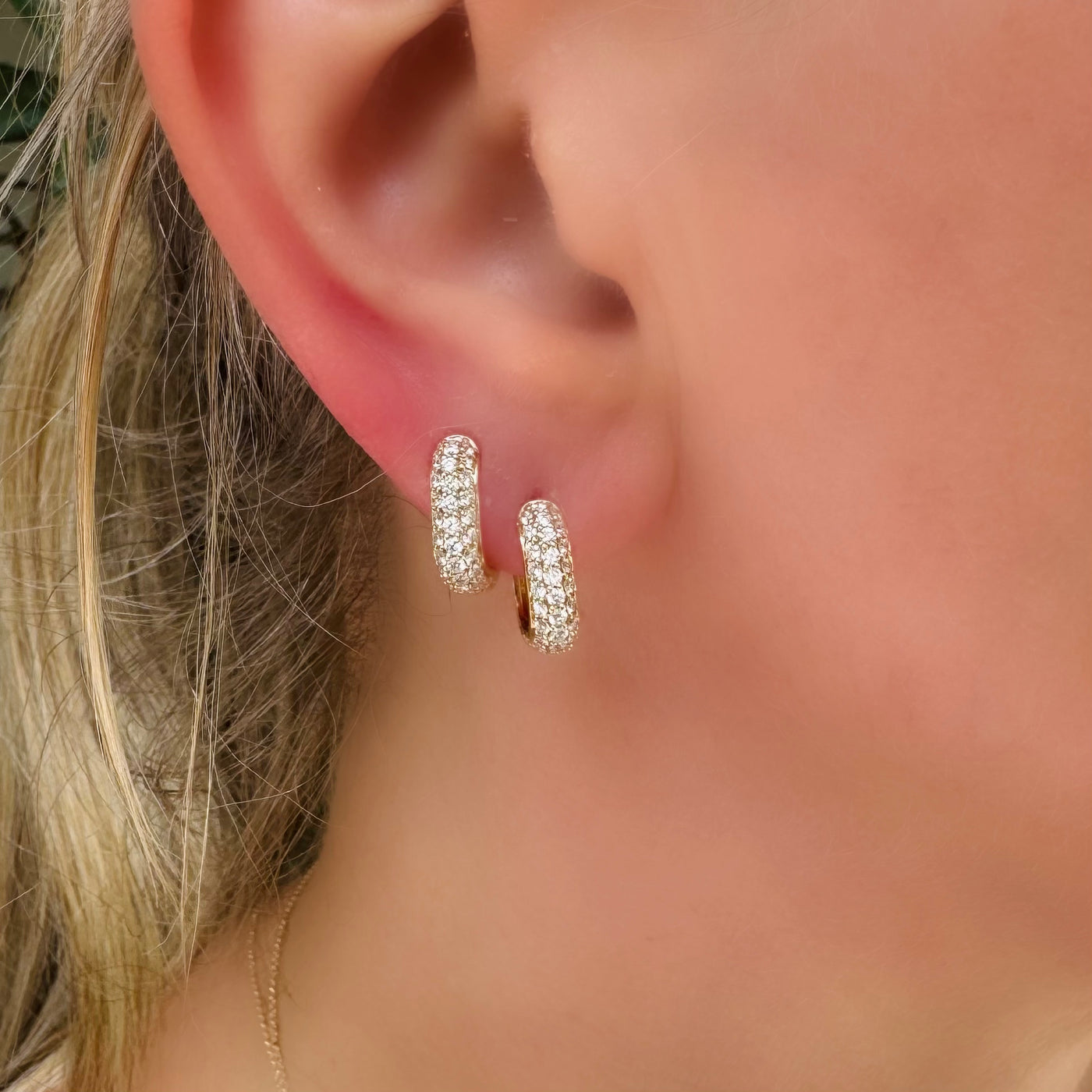Pave Three Row Diamond U Hoop Earrings