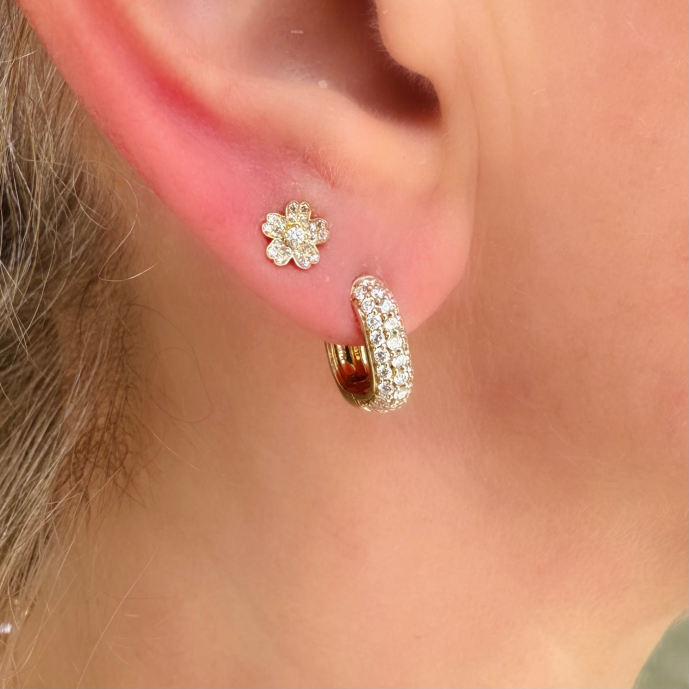 Pave Three Row Diamond U Hoop Earrings