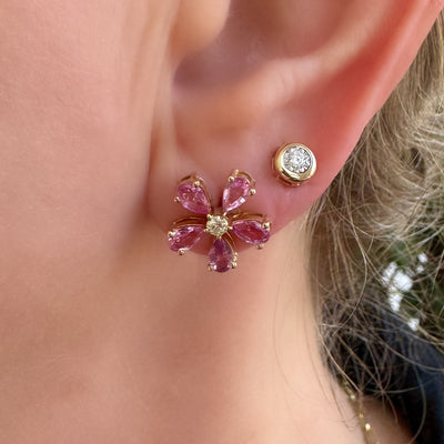 Pink Sapphire and Diamond Flower Studs