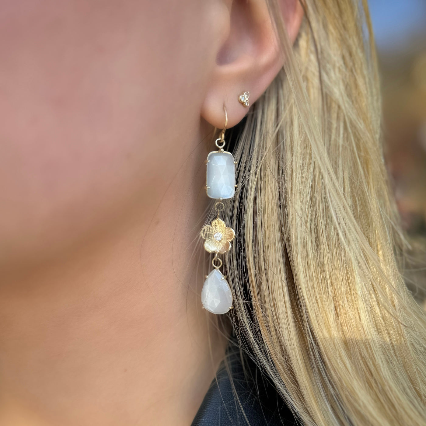 Rainbow Moonstone and Petunia Diamond Earrings