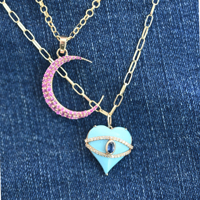 Turquoise, Blue Sapphire, and Diamond Evil Eye Heart Charm
