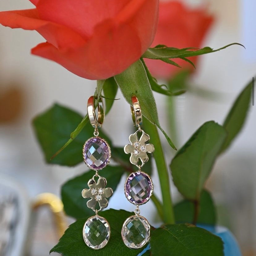 Amethyst & White Topaz & Mini Daisy Drop Earrings