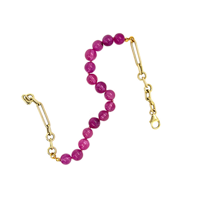 Natural Pink Sapphire Bead and Gold Link Bracelet