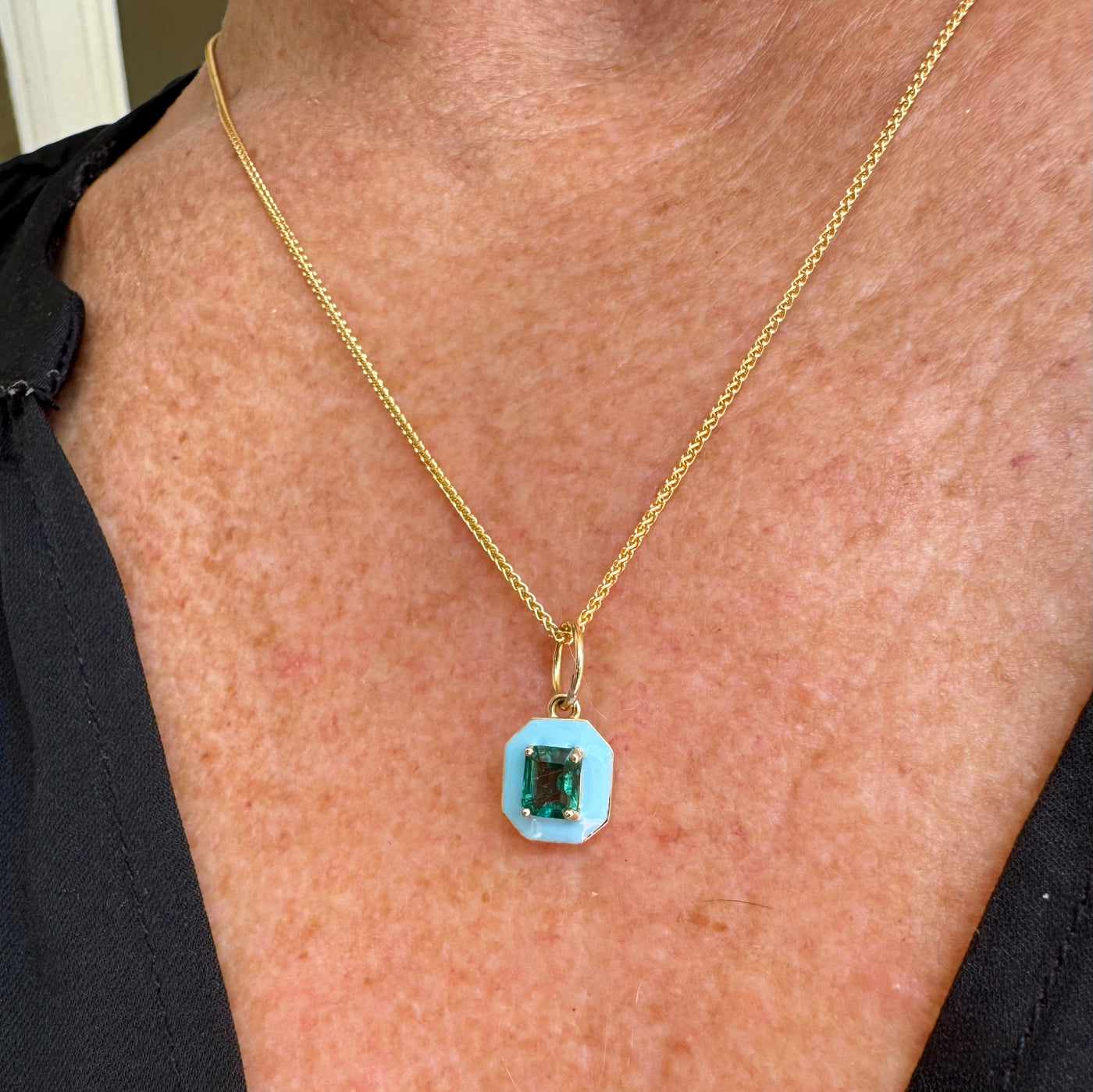 Apatite and Blue Enamel Octagon Charm