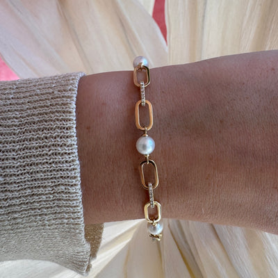 Pearl & Diamond Link Paperclip Bracelet