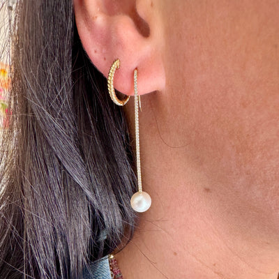 Diamond Bar Pearl Drop Earrings