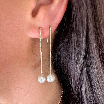 Diamond Bar Pearl Drop Earrings