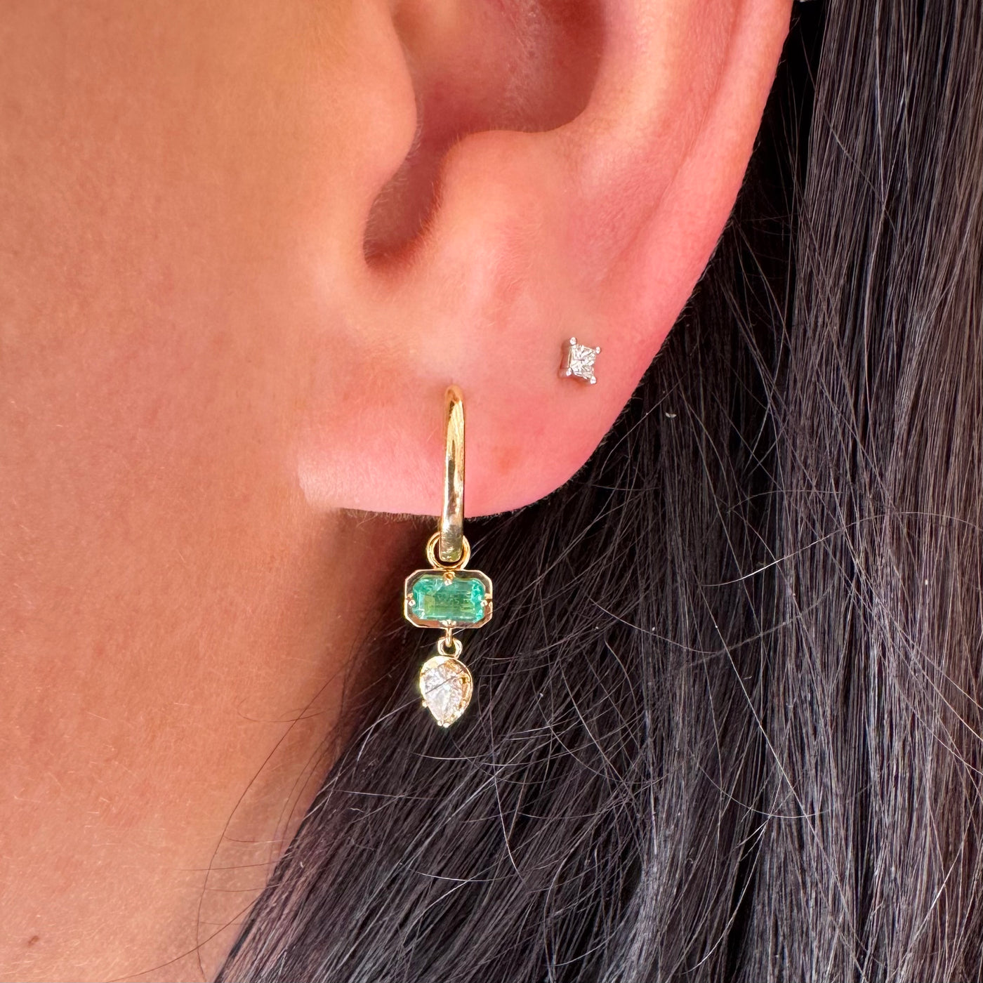 Emerald & Diamond Drop Huggies