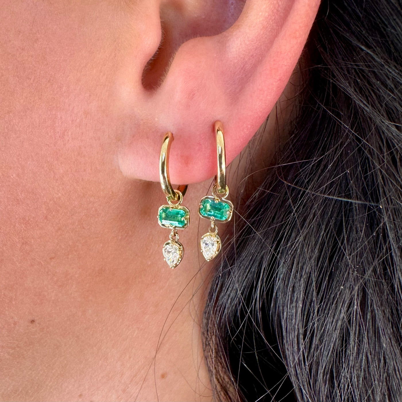 Emerald & Diamond Drop Huggies