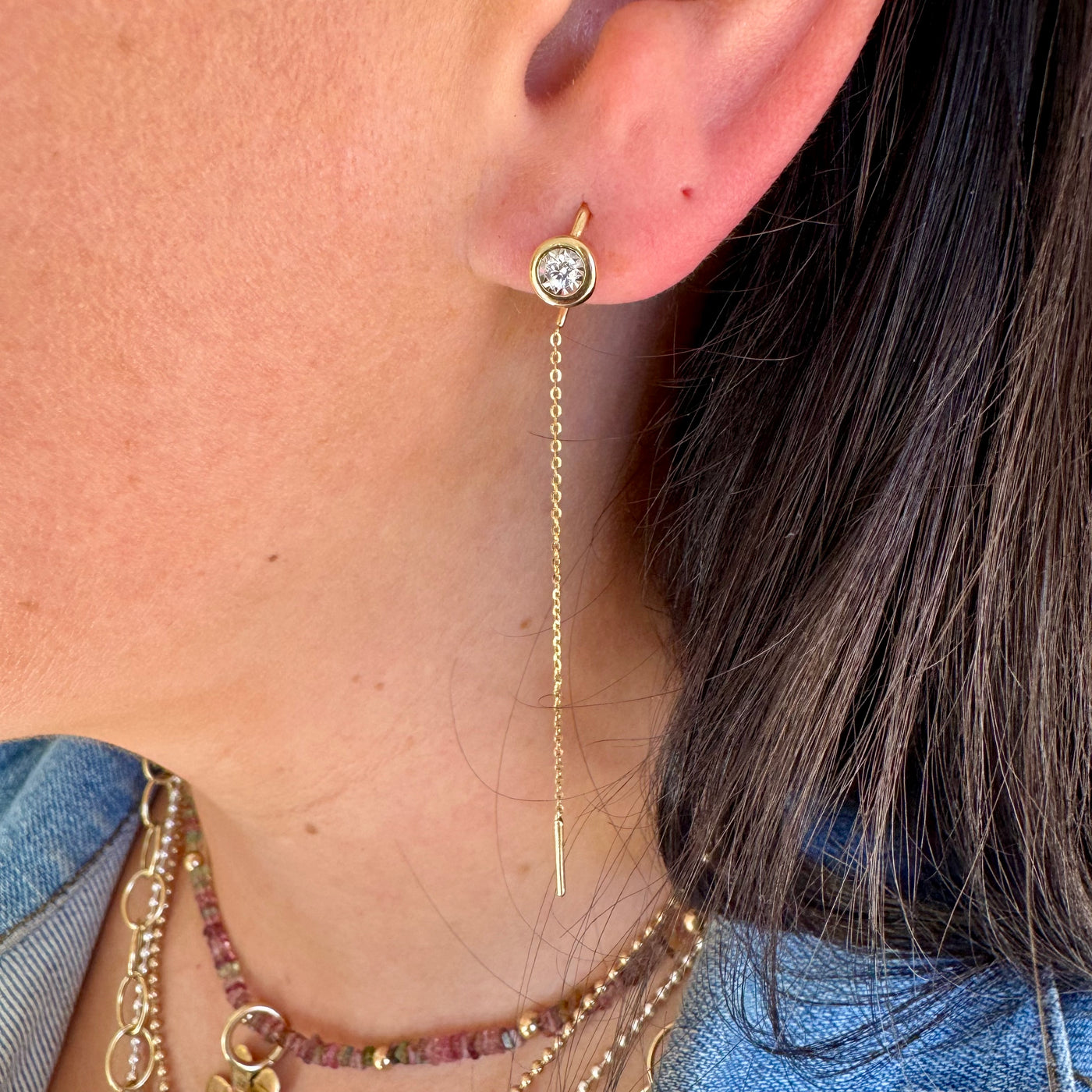 Large Diamond Bezel Threader Earrings