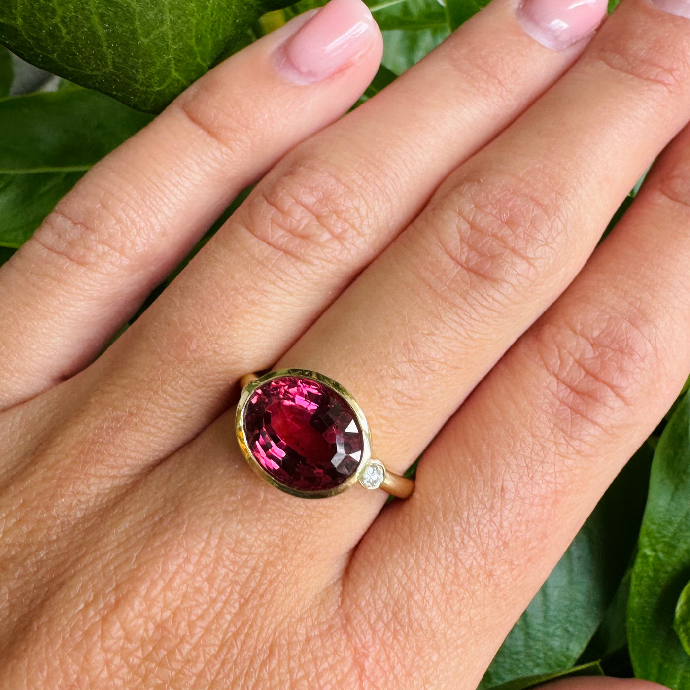 Bezel Set Pink Tourmaline and Diamond Ring