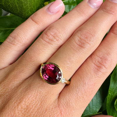 Bezel Set Pink Tourmaline and Diamond Ring