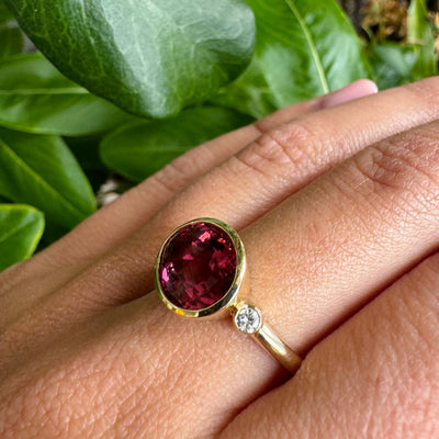 Bezel Set Pink Tourmaline and Diamond Ring