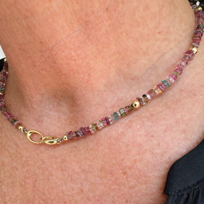 Rainbow Sapphire Slices & Gold Bead Necklace