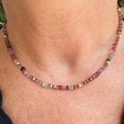 Rainbow Sapphire Slices & Gold Bead Necklace