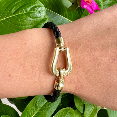 Black Leather and Gold Horsebit Clasp Bracelet