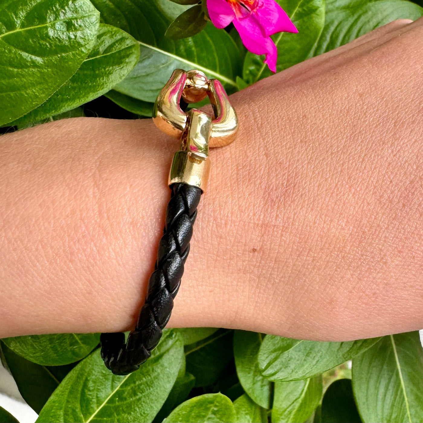 Black Leather and Gold Horsebit Clasp Bracelet