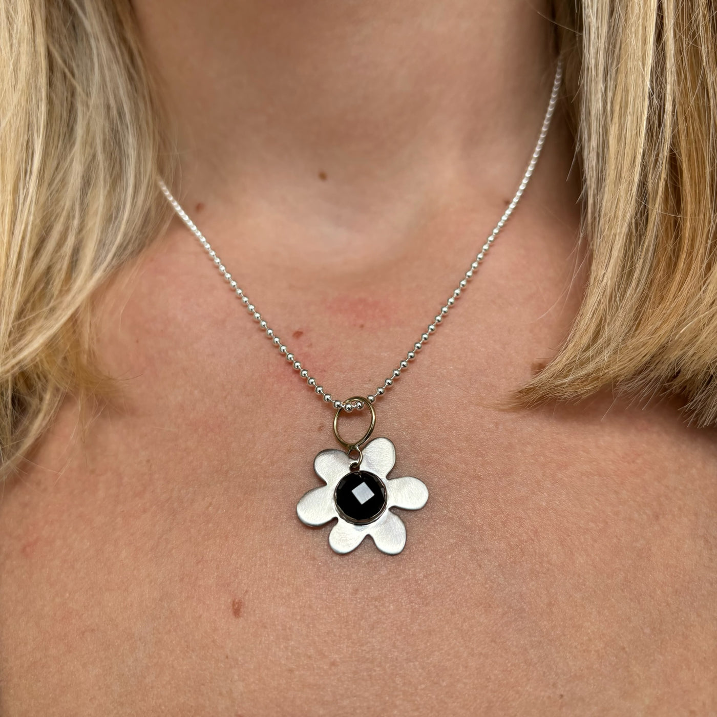Rose Cut Black Onyx Daisy Charm Necklace