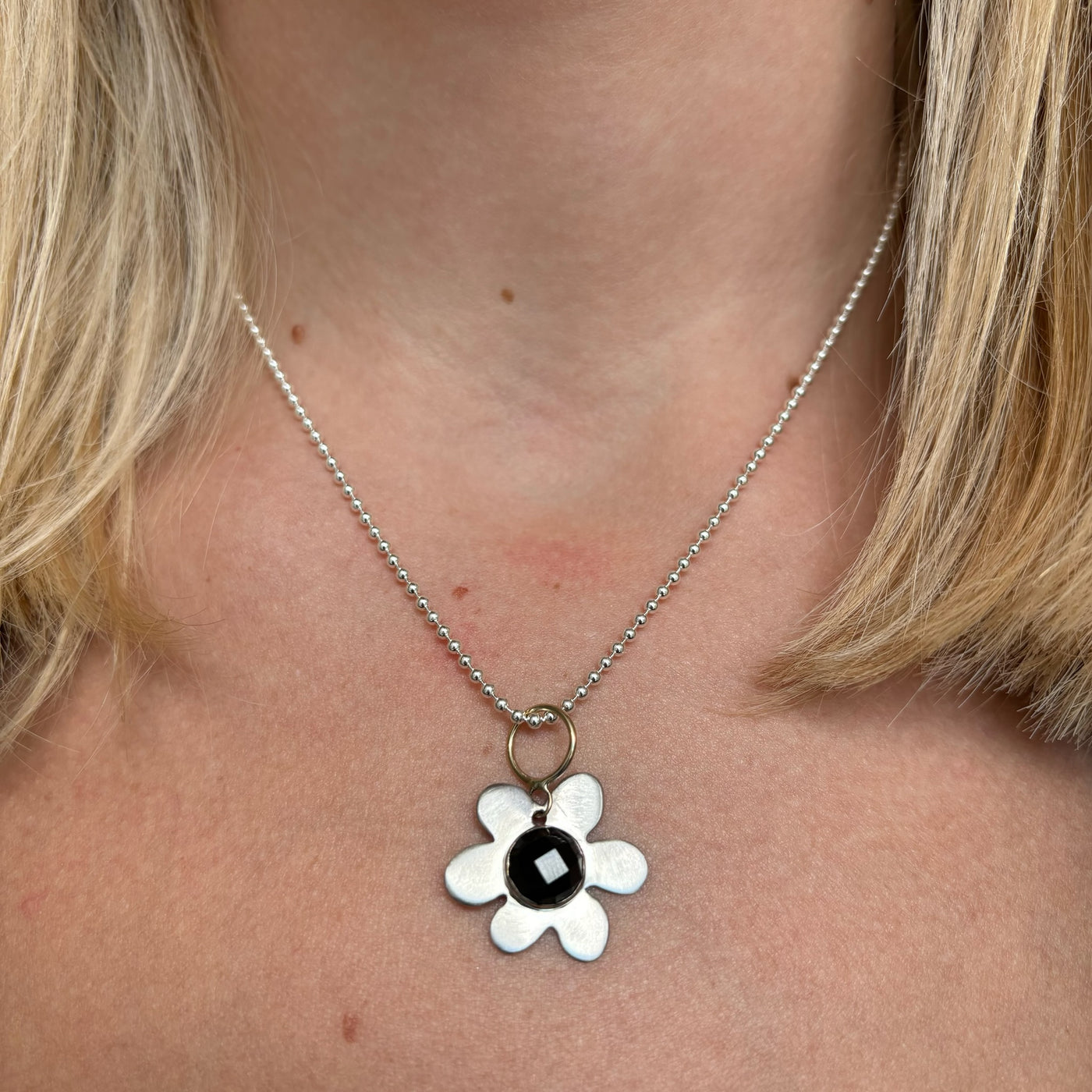 Rose Cut Black Onyx Daisy Charm Necklace