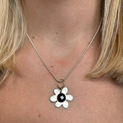 Rose Cut Black Onyx Daisy Charm Necklace