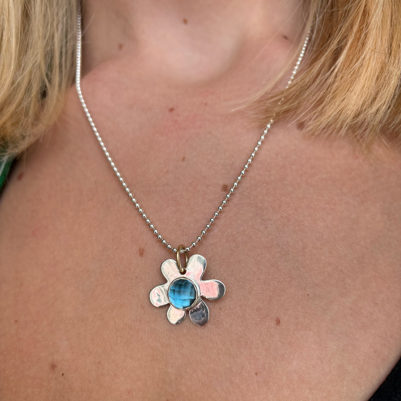 Blue Topaz Daisy Charm Necklace