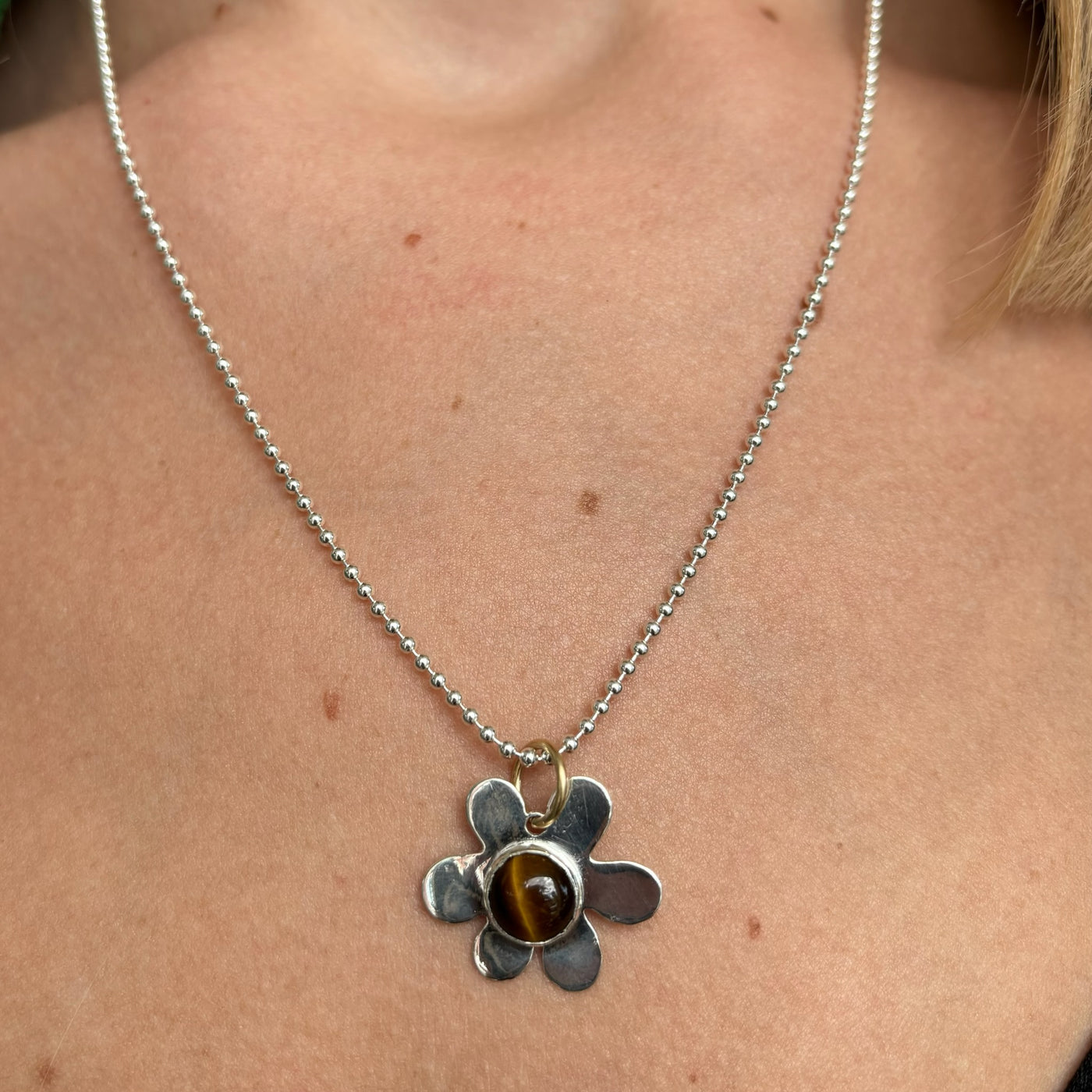 Tigers Eye Daisy Charm Necklace