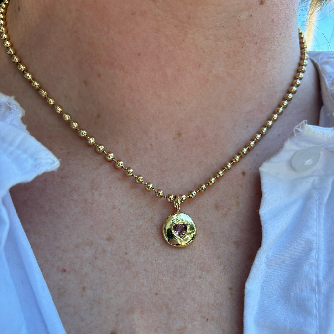 Round Heart Ball Chain Necklace - Pink