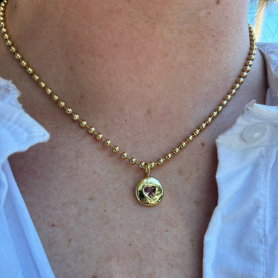 Round Heart Ball Chain Necklace - Pink