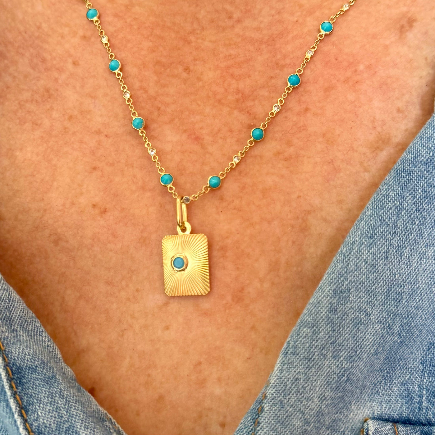 Fluted Dog Tag with Turquoise Stone