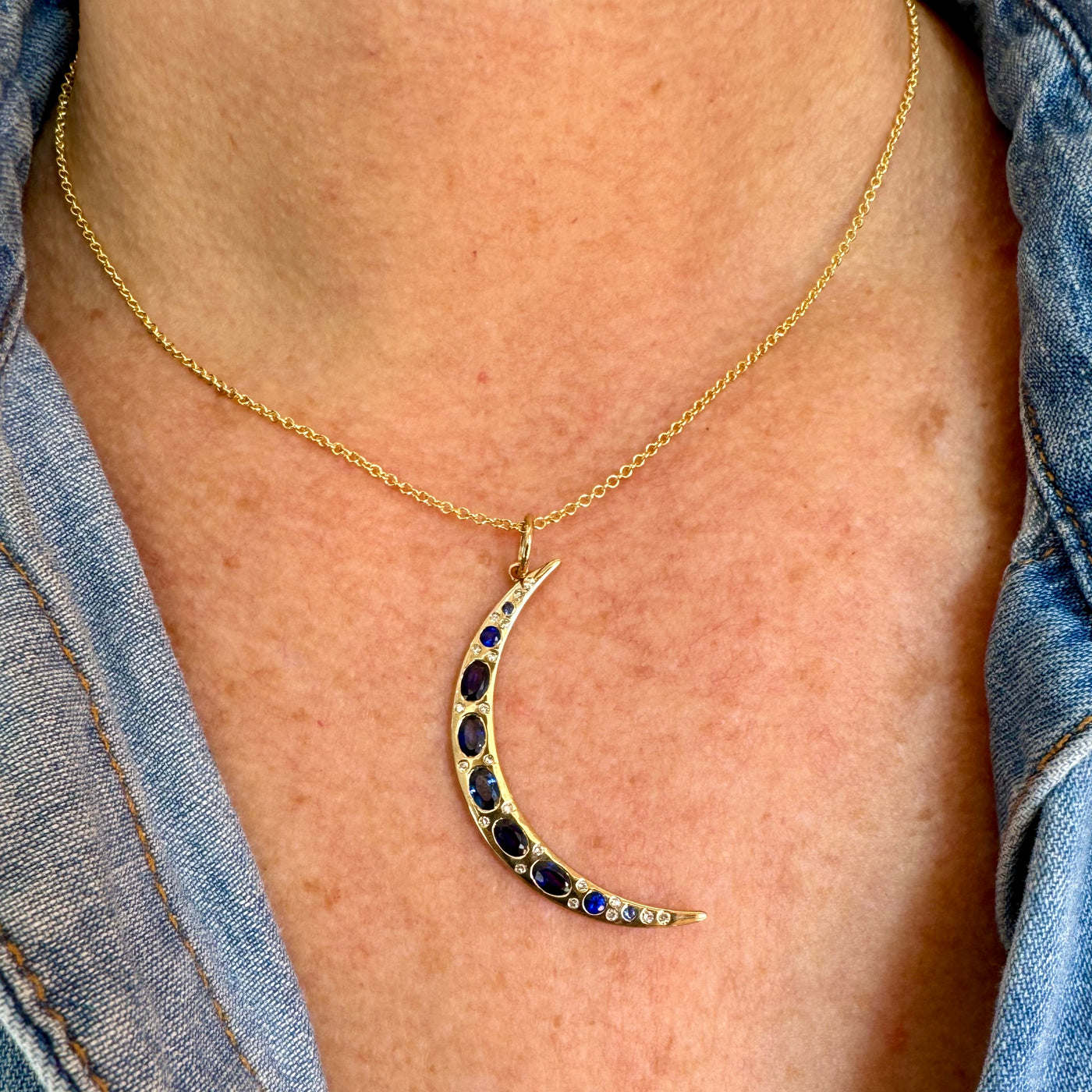 Blue Sapphire & Diamond Moon Pendant