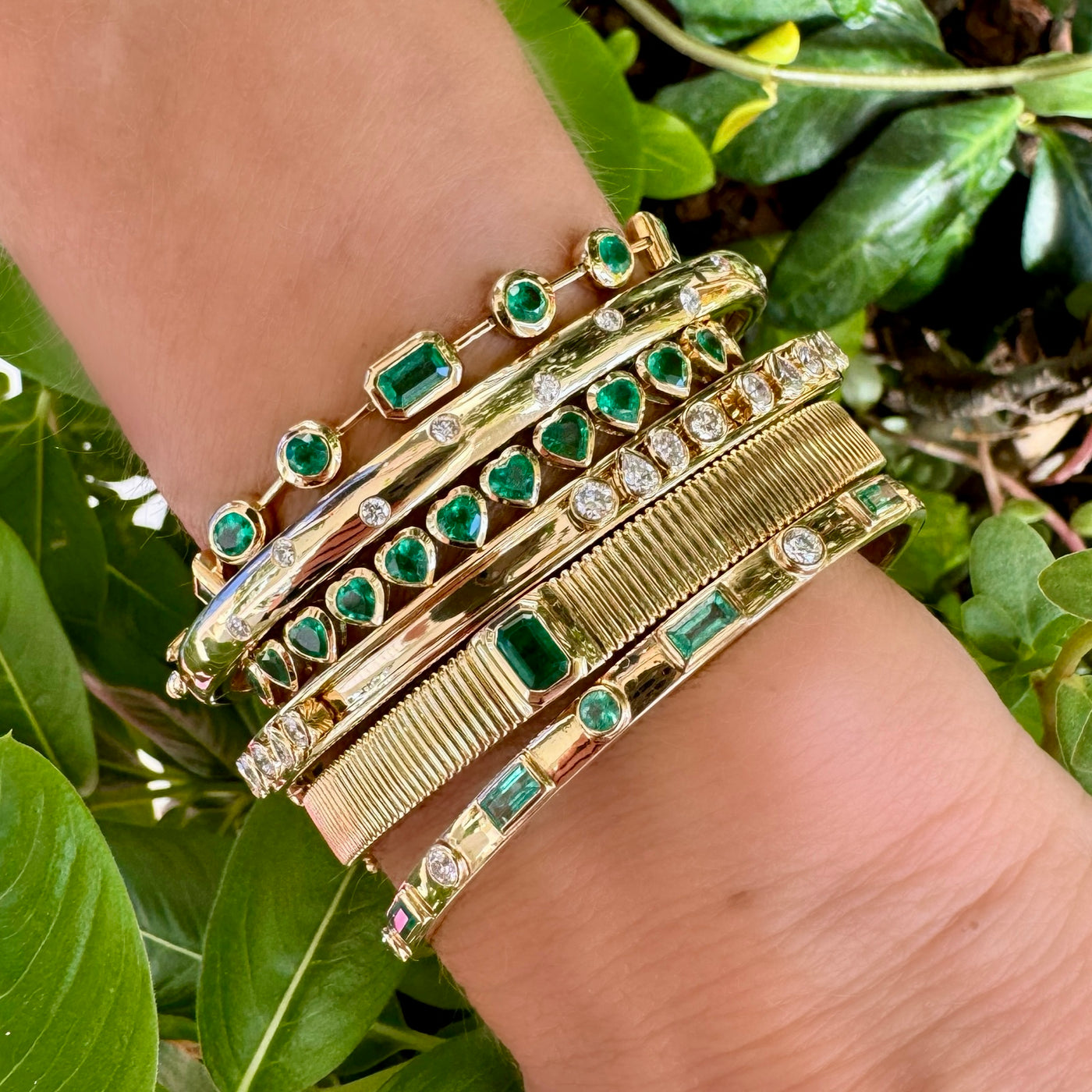 Multi Shape Emerald & Diamond Gold Bangle