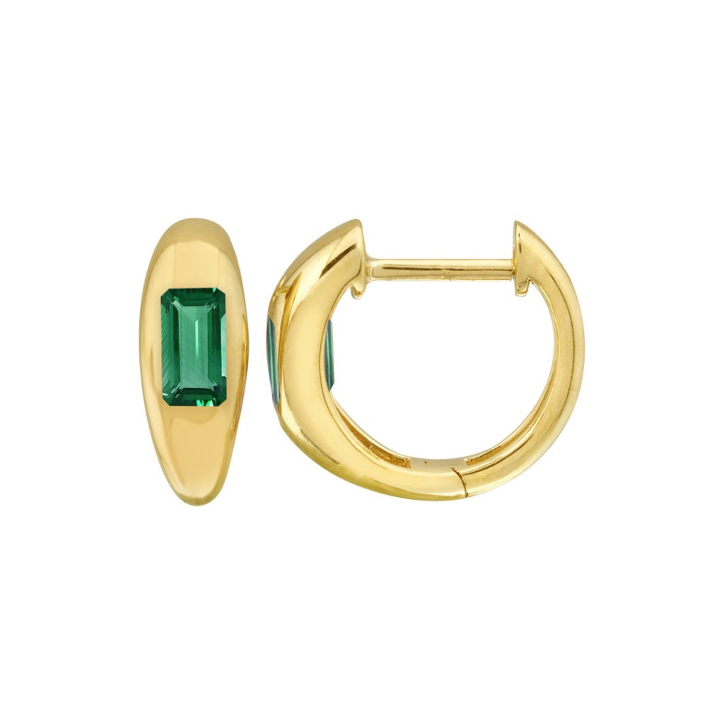 Gold Huggies -  Emerald Cut Emerald