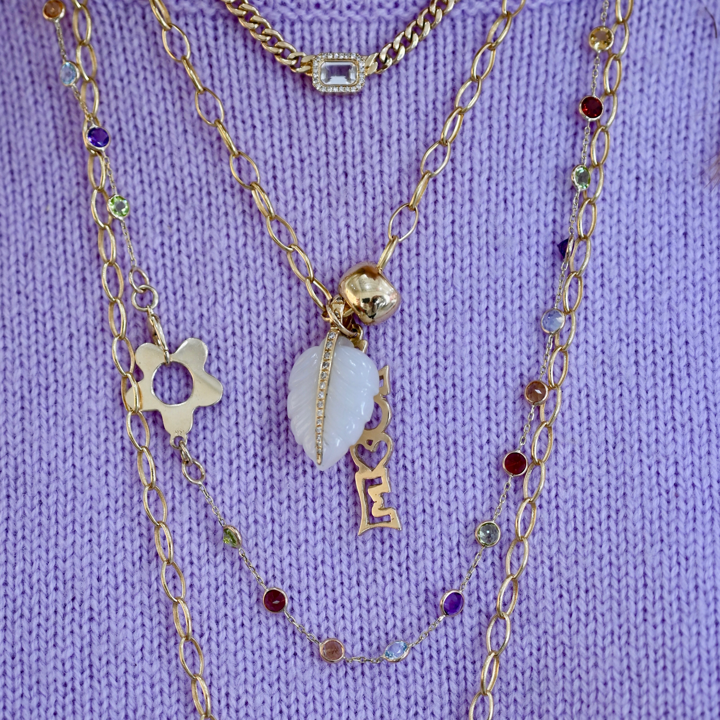 Rainbow Gemstone Station Chain Necklace with Wildflower Clasp