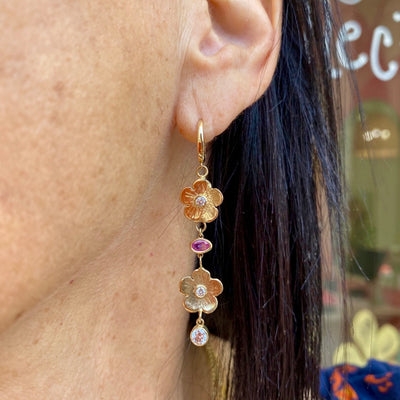 Double Diamond Petunia and Sapphire Drop Earrings