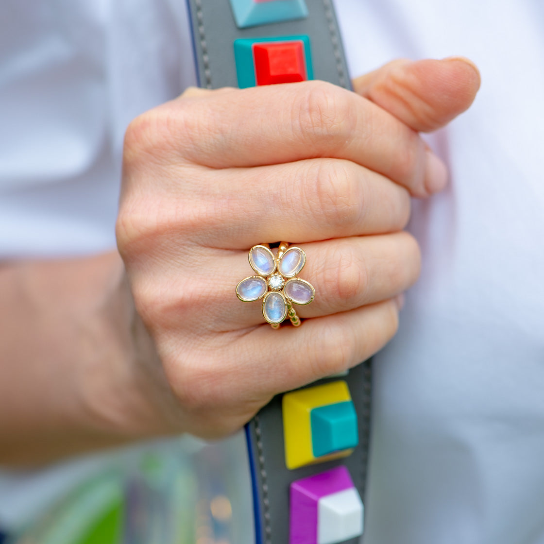 Camellia Ring with Rainbow Moonstones & Diamond