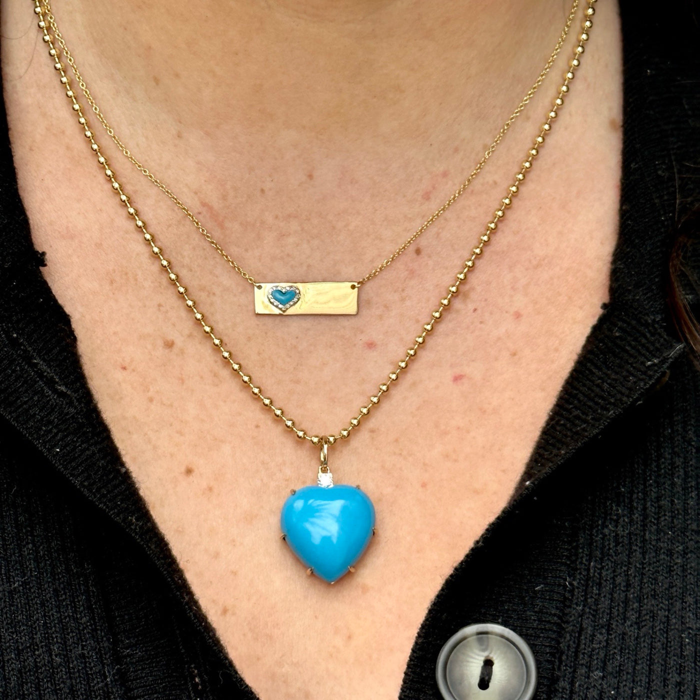 Turquoise & Pave Diamond Heart Bar Necklace